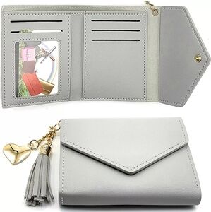Women PU Leather Wallet Tassel Card Holder Purse Organizer Mini Handbag (Gray)